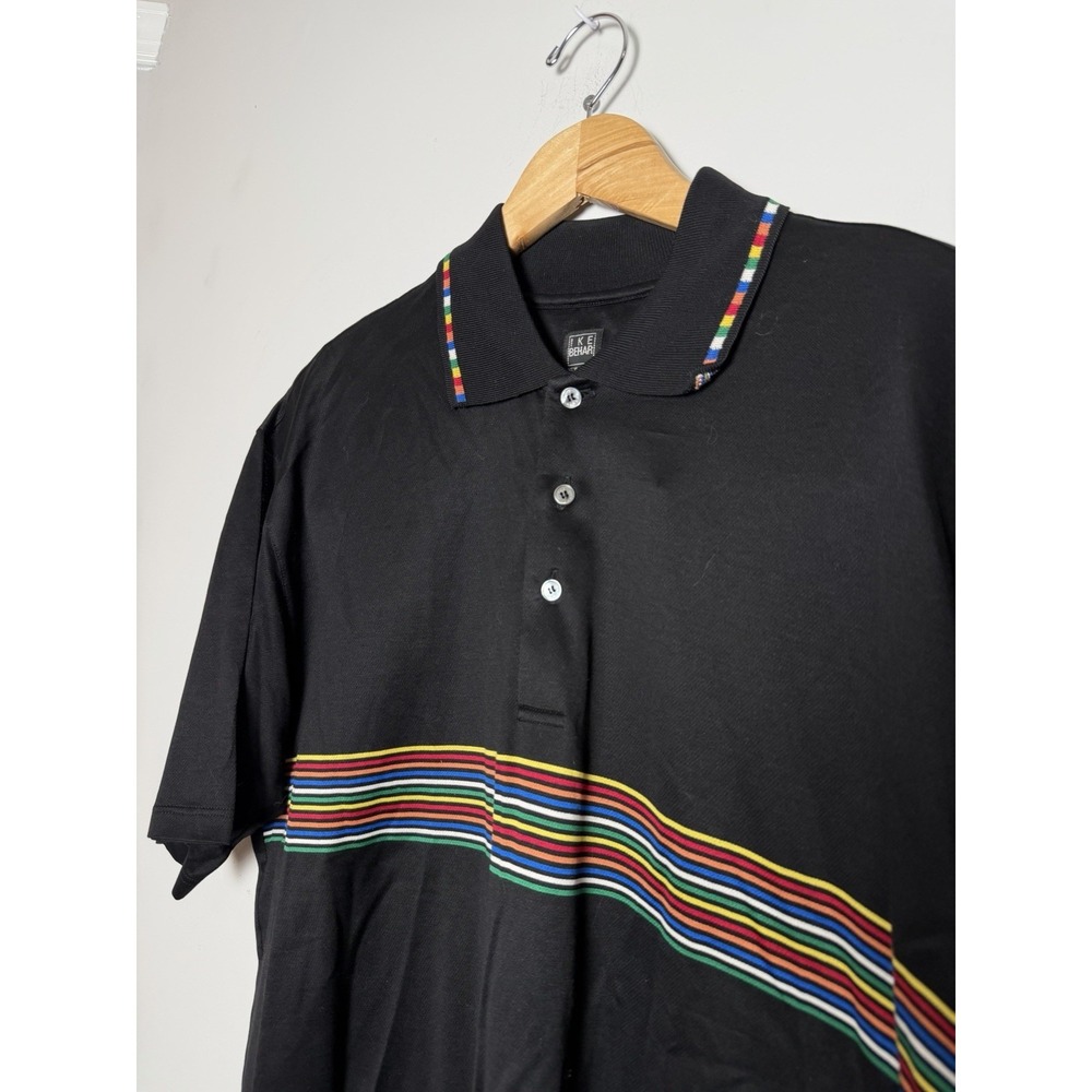 IKE BEHAR Mens Knit Polo Shirt Black Rainbow Short Sleeve 100% Cotton Size XL